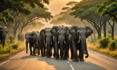 wild elephants crossing road